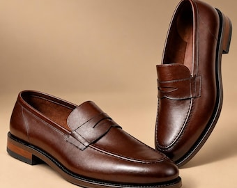 Men’s Dark Brown Leather Penny Loafers, Classic Slip-On Dress Shoes