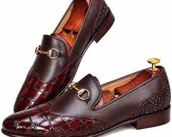 Men's Brown Embossed Leather Horsebit Loafers, Slip On Dress Shoes, Classic Formal Business & Wedding Footwear