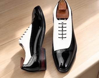 Handmade Black White Leather Oxford Shoes for Men, Two Tone Dress Shoes, Formal Wedding Lace Up Shoes