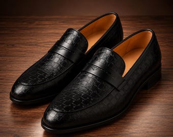 Handmade Black Leather Penny Loafers – Textured Slip-On Dress Shoes