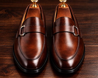 Men's Brown Leather Horsebit Loafers, Slip On Dress Shoes, Classic Formal Business Wedding Footwear