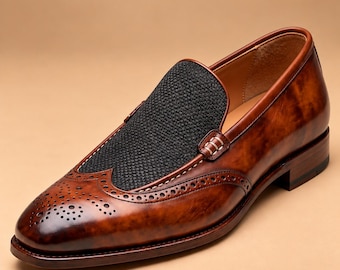 Men’s Brown Leather Loafers with Black Woven Vamp, Two Tone Slip On Dress Shoes