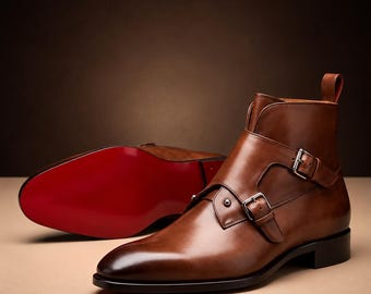 Men's Italian Leather Double Monk Strap Boots, Red Sole Buckle Dress Shoes