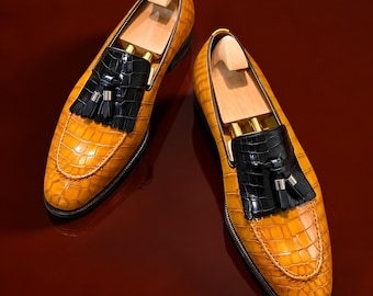 Men’s Crocodile Embossed Leather Loafers, Mustard Yellow Tassel Dress Shoes, Luxury Handmade Slip On Footwear, Made to Order