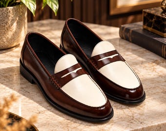 Men's Two-Tone Brown Cream Loafers, Classic Penny Slip On Dress Shoes, Elegant Formal Business Wedding Footwear