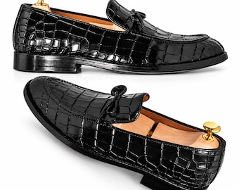 Handmade men black crocodile Leather loafers, formal men dress slip on shoes