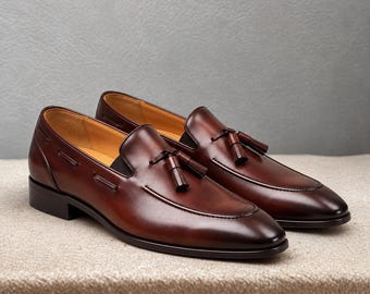Men's Brown Leather Tassel Loafers, Classic Slip On Dress Shoes, Elegant Formal Wedding Shoes, Penny Loafer Style