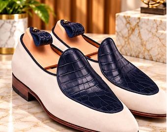 Men’s Handmade Two-Tone Navy Blue & Ivory Leather Loafers, Crocodile-Embossed Slip-On Dress Shoes, Luxury Formal Footwear