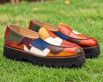 Men’s Patchwork Leather Loafers, Colorful Handmade Platform Shoes, Chunky Sole Slip On Dress Shoes, Made to Order