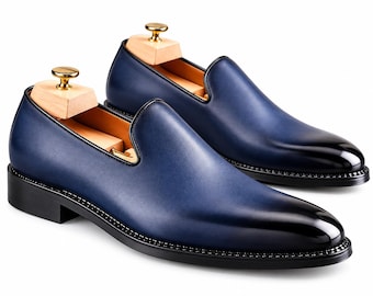 Men’s Navy Blue Leather Loafers, Handmade Slip-On Dress Shoes, Formal Business Wedding Footwear