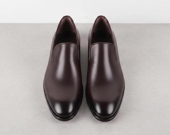 Men’s Handmade Brown Leather Moccasin Loafers, Casual Dress Slip-On Shoes