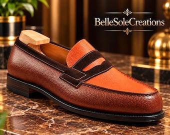 Men’s Handmade Two-Tone Brown & Burnt Orange Leather Loafers, Textured Slip-On Dress Shoes with Double Strap Detail