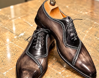 Men's Brown Leather Brogue Derby Shoes, Cap Toe Dress Shoes, Handmade Formal Wedding Shoes, Classic Lace Up Business Shoes