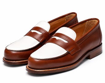 Men's Two-Tone Brown & White Penny Loafers, Leather Slip On Dress Shoes, Handmade Formal Footwear