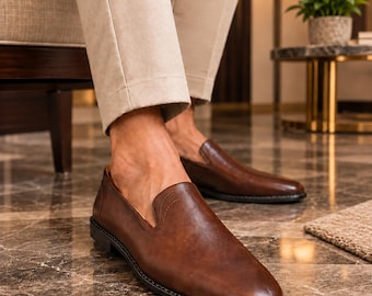 Men’s Brown Leather Loafers, Handmade Slip On Dress Shoes, Classic Penny Loafers, Elegant Formal Shoes