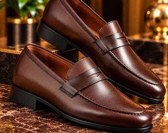 Men’s Handmade Brown Leather Penny Loafers, Apron Toe Slip-On Dress Shoes, Elegant Business & Wedding Footwear