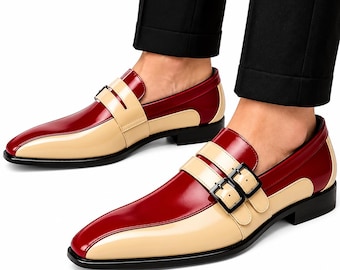 Men's Red & Cream Double Monk Strap Shoes, Leather Dress Shoes, Formal Wedding Footwear