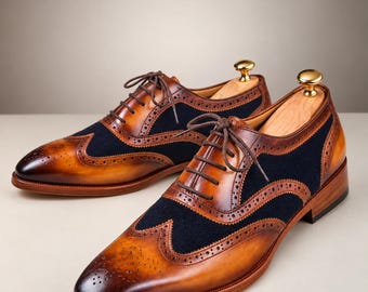 Men's Brown & Navy Wingtip Oxford Shoes, Leather Brogue Dress Shoes, Lace Up Formal Wedding Shoes, Classic Two Tone Oxfords