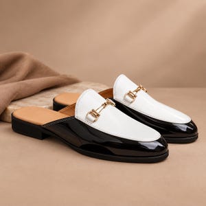 Handmade Black White Leather Horsebit Mules for Men, Luxury Backless Slip-On Loafers