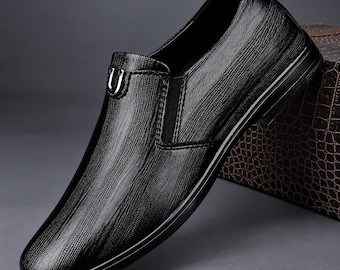 Men’s Black Leather Slip On Dress Shoes, Handmade Formal Loafers, Classic Business Shoes