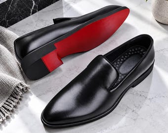 Men's Black Leather Loafers, Slip On Dress Shoes, Red Sole Formal Business Shoes