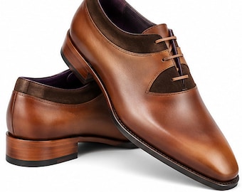 Custom Men's Brown Burnished Leather Oxford Handcrafted Suede Accent Dress Shoes