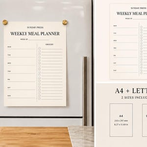 May include: A cream-coloured weekly meal planner sheet with black text reading Sunday Press Weekly Meal Planner, including sections for days of the week and a grocery list. The text A4 + Letter 2 Sizes Included is visible with dimensions 210 x 297 mm.