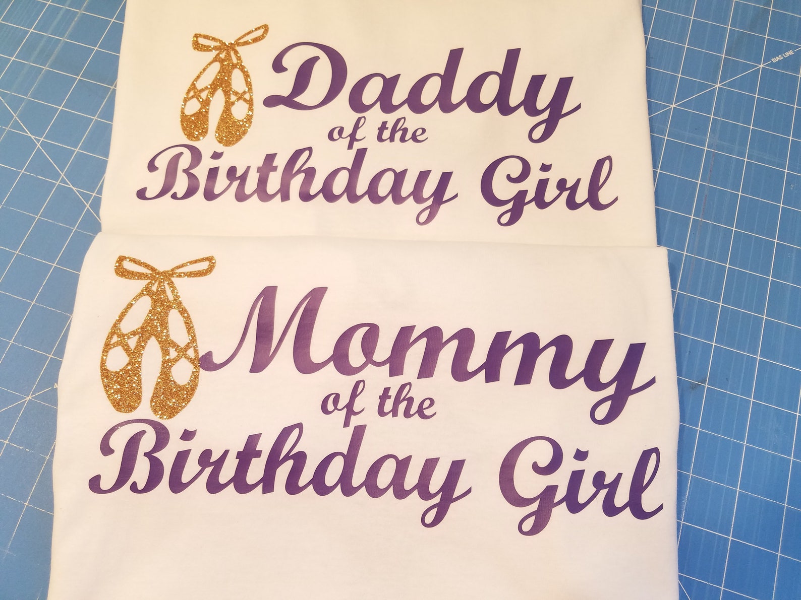 ballet mommy daddy of the birthday girl tshirt set, ballerina birthday shirts, white unisex shirts with purple and glitter balle