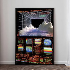 以下が含まれることがあります： 雲と黒い空間の上に白いグリッドのトンネルを表示する大きな上部画面を備えたデジタルインターフェースの縦型長方形ウォールアートプリント。その下には、カラフルなデータや地図を表示する8つの小さな画面が配置されています。