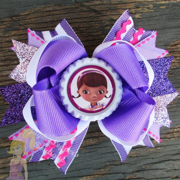 Doc Mcstuffins hair bow girls cute bottle cap boutique headband stripes lavender hot pink doc and lambie hairbows