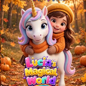Puede incluir: Una ilustración estilo caricatura de un niño con cabello castaño, boina y suéter amarillo mostaza, abrazando a un unicornio blanco con cuerno dorado y crin rosa y azul. El texto dice Autumn y Lucia's Magical World.