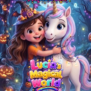 Puede incluir: Una ilustración digital de un niño con sombrero de bruja y detalles de maíz dulce, abrazando a un unicornio blanco con crin pastel. La escena incluye calabazas brillantes, una luna llena y el texto Halloween y Lucia's Magical World.