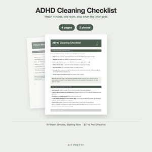 May include: A printed ADHD cleaning checklist document featuring dark green headers and white paper. The text includes instructions for fifteen-minute cleaning sessions, task lists, and usage guidelines. The document is labeled as 4 pages and 2 pieces.