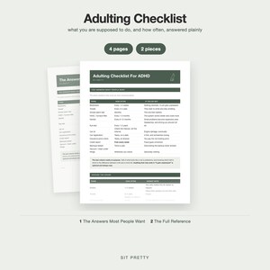 May include: A four-page Adulting Checklist document set with two pieces of paper. The white sheets feature dark green headers and tables detailing household tasks, frequencies, and consequences. Text includes Adulting Checklist For ADHD.