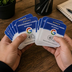 May include: A stack of square white and blue cards featuring the Google logo, five yellow stars, and the text "¡AGRADECERÍAMOS TU RESEÑA EN GOOGLE!" along with an NFC icon and the phrase "Toca para valorar tu experiencia" printed on the front.