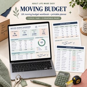 May include: A digital moving budget workbook and printable planner displayed on a laptop screen and printed sheets. The interface features a dashboard with financial tables, a spending progress chart, a payment log, and text reading Moving Budget.