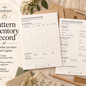 Op de afbeelding: Twee witte vellen papier met de titel Pattern Inventory Record met zwarte tekst en rasterlijnen voor het organiseren van naaipatronen. De documenten bevatten secties voor details, aankoopinformatie, stofvereisten en projectnotities.