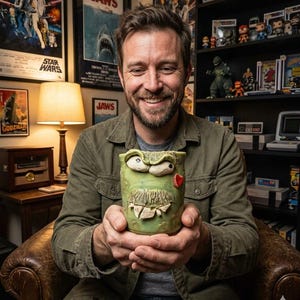 May include: A green ceramic mug featuring a sculpted, grumpy face with prominent eyebrows, a textured mustache, jagged teeth, and a small red heart detail on the side. The mug has a hand-crafted appearance with visible clay texture and glaze.