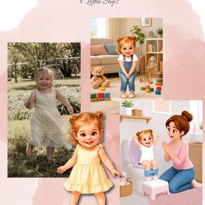 Może przedstawiać: Kolaż z tekstem Kenzie's Little Steps, przedstawiający dziecko w żółtej sukience w kratkę vichy, dziecko w dżinsowych ogrodniczkach oraz ilustrację dziecka korzystającego z toalety z różowym podnóżkiem, z linkami do Etsy i Instagrama.