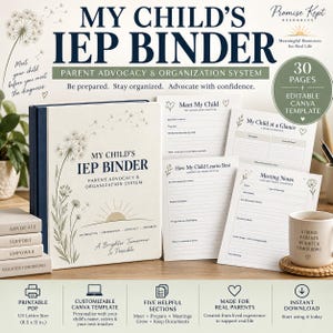 Puede incluir: Una carpeta blanca titulada My Child's IEP Binder con ilustraciones de dientes de león, acompañada de formularios impresos que incluyen Meet My Child, My Child at a Glance, How My Child Learns Best y Meeting Notes, además de una taza con texto.