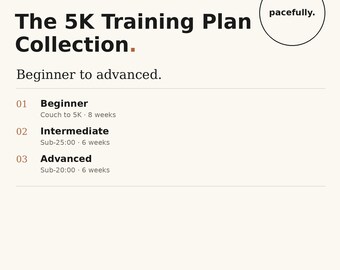 May include: A digital document titled The 5K Training Plan Collection with the logo pacefully. It lists three levels: 01 Beginner Couch to 5K 8 weeks, 02 Intermediate Sub-25:00 6 weeks, and 03 Advanced Sub-20:00 6 weeks. Includes text INSTANT DOWNLOAD.