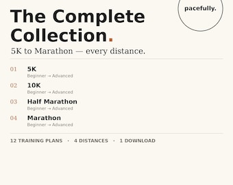 May include: A digital document titled The Complete Collection with the text pacefully. It lists four running distances from 5K to Marathon, each with beginner to advanced training plans. The bottom text reads 12 TRAINING PLANS, 4 DISTANCES, 1 DOWNLOAD, INSTANT DOWNLOAD.