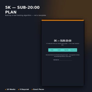 May include: A digital 5K sub-20:00 training plan displayed on a dark screen. The text reads 5K - SUB-20:00, 10-week plan built by your Pacefully training engine, 5 runs a week, ramping to 50km, target 20:00, race pace 4:00/km, and prepared for.