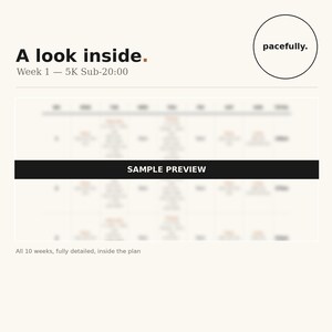 May include: A digital training plan document titled A look inside. Week 1 &mdash; 5K Sub-20:00 with a pacefully logo in a circle. The document features a blurred table with a black horizontal bar across the centre containing the text SAMPLE PREVIEW.