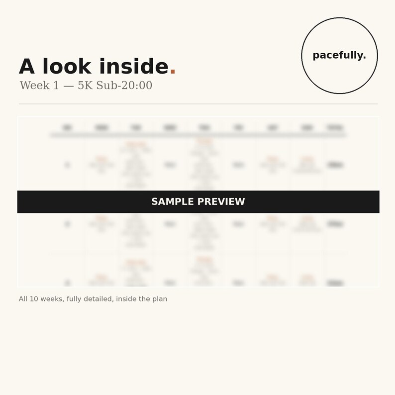 May include: A digital training plan document titled A look inside. Week 1 &mdash; 5K Sub-20:00 with a pacefully logo in a circle. The document features a blurred table with a black horizontal bar across the centre containing the text SAMPLE PREVIEW.