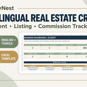 May include: A digital spreadsheet template titled KeyNest Bilingual Real Estate CRM with sections for Client, Listing, and Commission Tracker. The dashboard displays data in English and Turkish, featuring tables for business metrics and workflow steps.