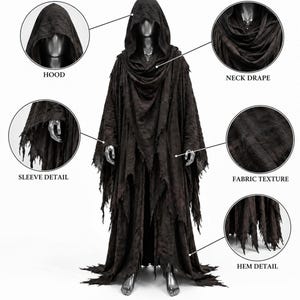 May include: A dark brown hooded cloak featuring a layered neck drape, long sleeves with frayed edges, and a distressed hemline. The fabric has a textured, weathered appearance. The garment is displayed on a mannequin with callouts for hood, neck drape, sleeve detail, fabric texture, and hem detail.
