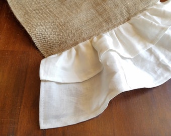 Natural Burlap Table Runner with White Double Linen Ruffles - Rustic Farmhouse Style