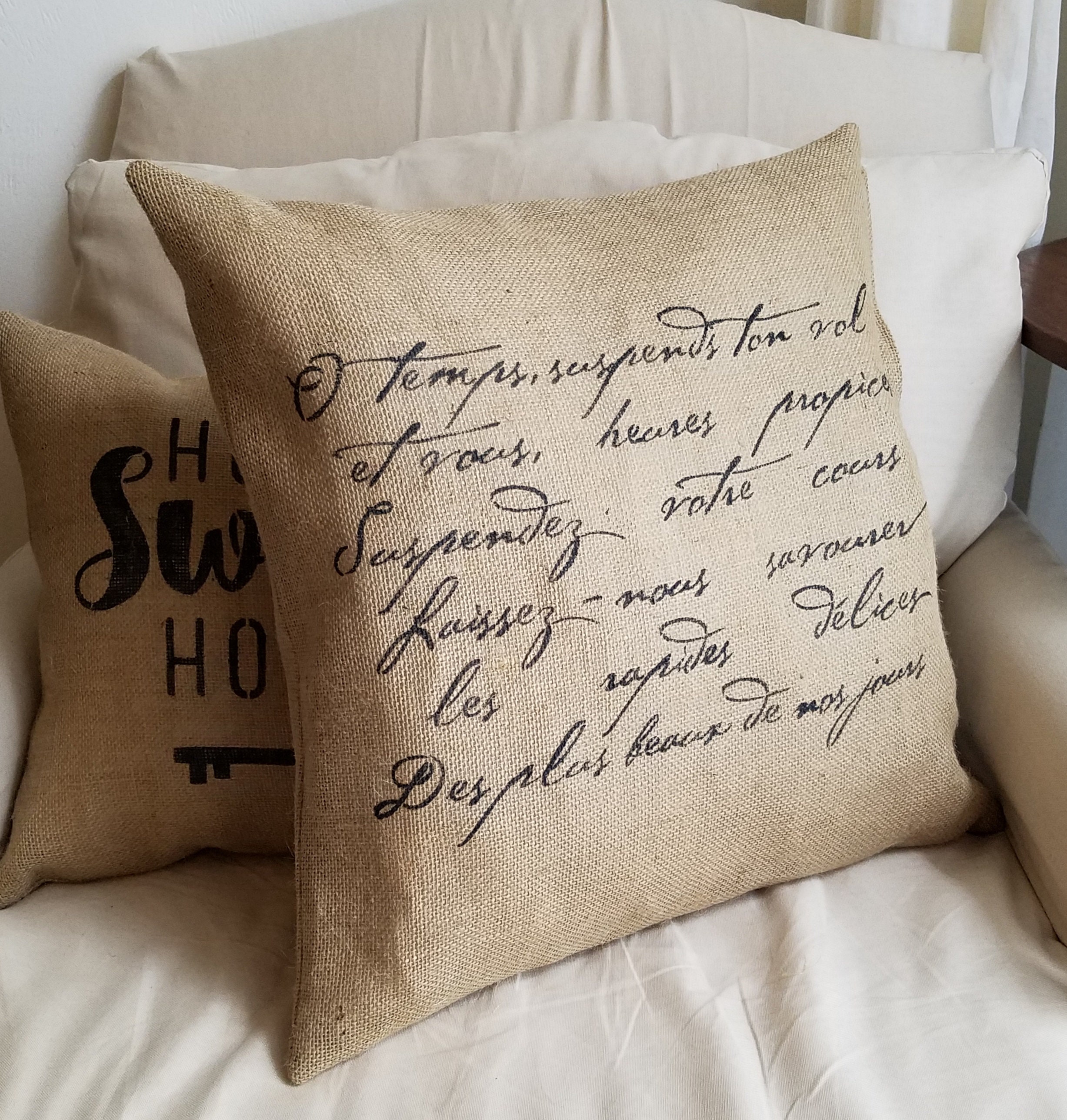 throw pillows with script writing