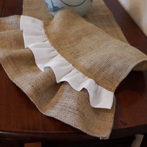 Natural Burlap Table Runner with Natural and White Ruffles - Rustic Farmhouse Style